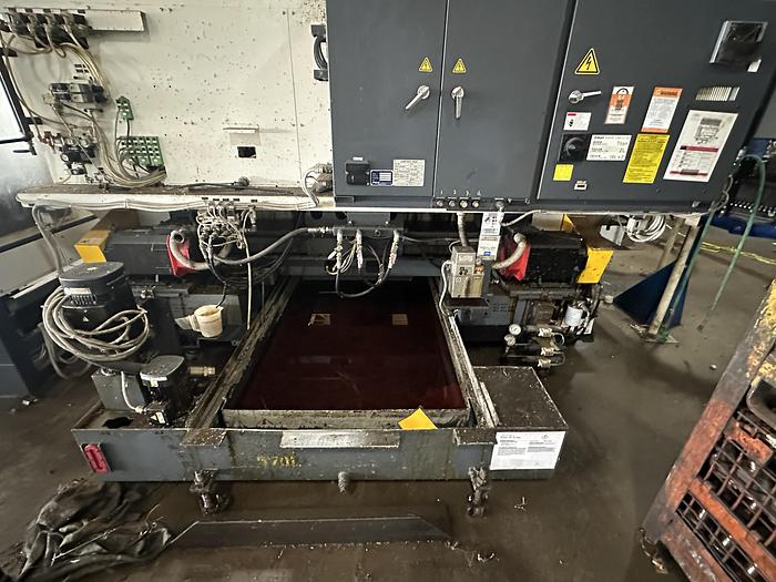 Used FUJI ANW 35 TWIN TURRET CNC LATHE, TAIL STOCK WITH ROBOT LOAD/UNLOAD AND STOCKER TABLES