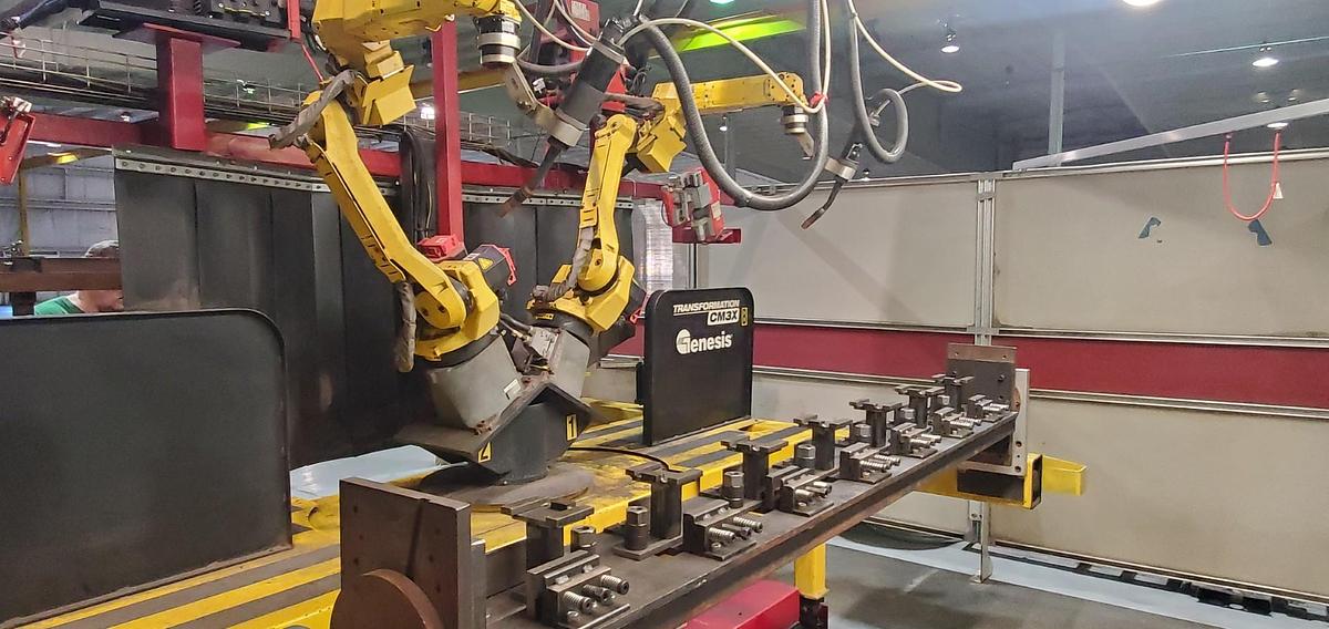 Used 2009 GENESIS-FANUC TWIN ARM FANUC ARCMATE 100iC A/B TABLE WELDING CELL, 20K OF RECENT UPGRADES