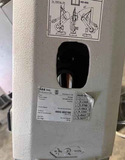 Used 1-ABB IRB 4600-40/2.55 with IRC5 Controller Date of Mfg.: 2021-07-12 Serial Number: 4600-802180 Includes several pallets of accessories, transformers, a riser, and cables and teach pendant.