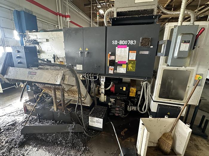 Used FUJI ANW 35 TWIN TURRET CNC LATHE, TAIL STOCK WITH ROBOT LOAD/UNLOAD AND STOCKER TABLES