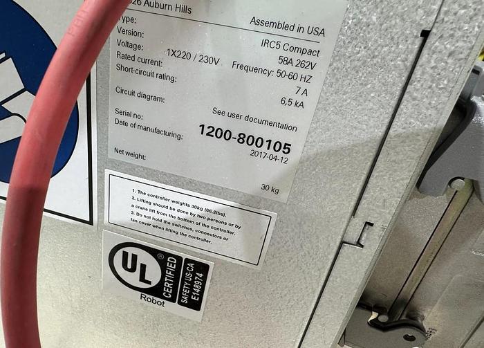 Used 2017 ABB IRB 1200-5/0.9 with IRC5 Compact Controller, Teach Pendant, and Cables