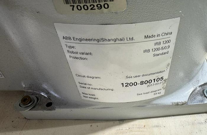 Used 2017 ABB IRB 1200-5/0.9 with IRC5 Compact Controller, Teach Pendant, and Cables