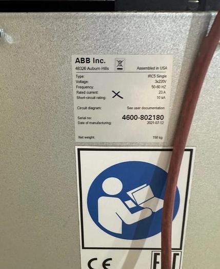 Used 1-ABB IRB 4600-40/2.55 with IRC5 Controller Date of Mfg.: 2021-07-12 Serial Number: 4600-802180 Includes several pallets of accessories, transformers, a riser, and cables and teach pendant.