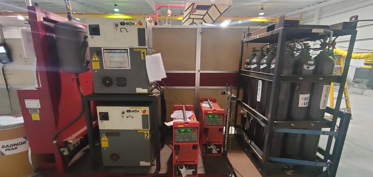 Used 2009 GENESIS-FANUC TWIN ARM FANUC ARCMATE 100iC A/B TABLE WELDING CELL, 20K OF RECENT UPGRADES