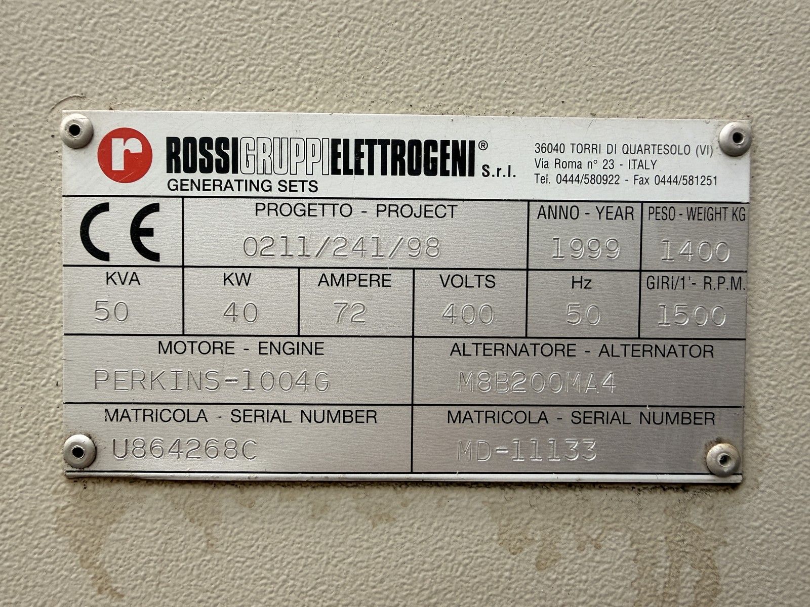 Usato GRUPPO ELETTROGENO ROSSI 50 kVA – 40 kW