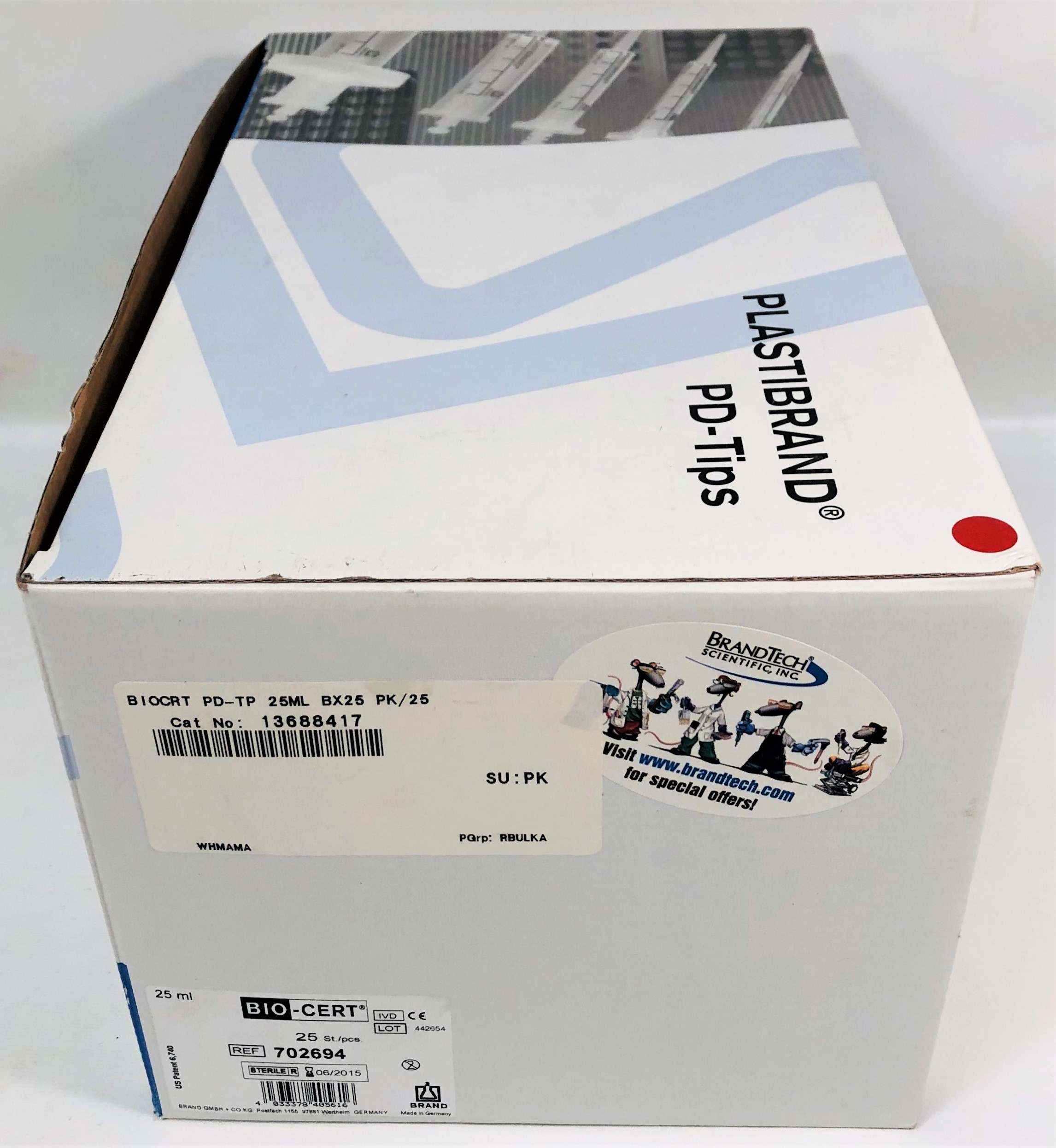 New Open Box BrandTech BIOCERT 702694 PD-Tips - 25mL (Box of 25)