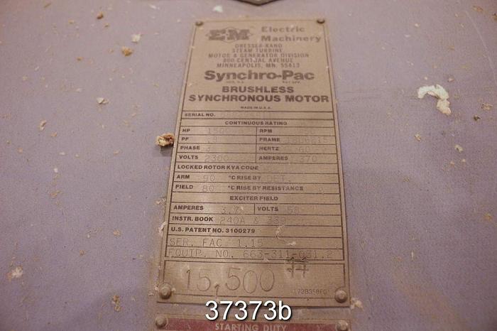 Used Electric Machinery Synchro-Pac 1500 Hp Synchonous Motor, 450 Rpm, 2300 Volts #37373