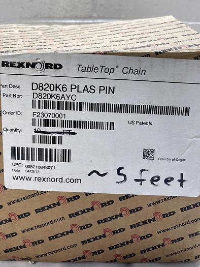 Rexnord D820K6 PLAS PIN 5Feet