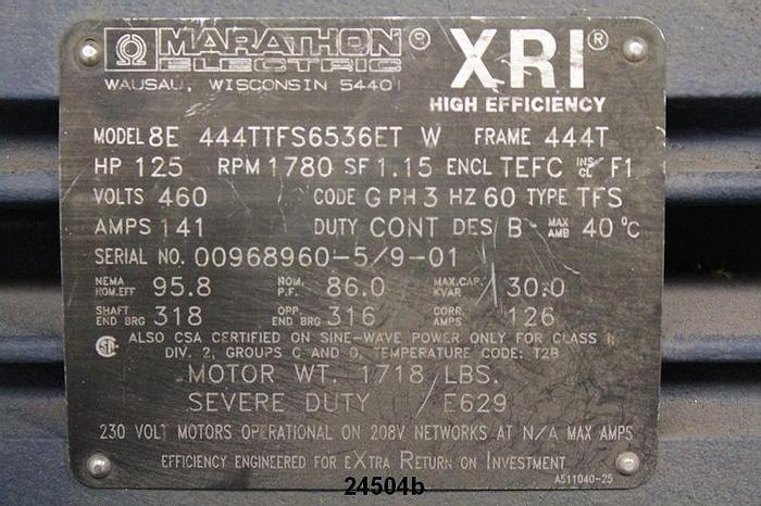 Used Marathon 8E444TTFS6536ET Ac Motor, 125 Hp, 460V, 444T Frame, 1780 Rpm, Tefc, Code G, Design B, Type Tfs, 1.15Sf, 95.8% Efficienct, Severe Duty, Xri High Efficiency #24504