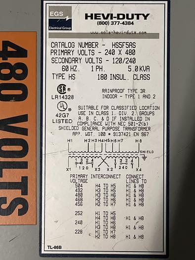 Used EGS HS5F5AS 240X480 Volts 60 HZ 1 PH 5.0 KVA