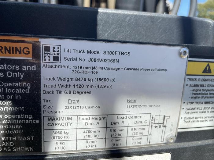 Used 10,000 POUND HYSTER MODEL S100FTBCS FORKLIFT WITH 64" DIAMETER CASCADE CLAMP - PENDING