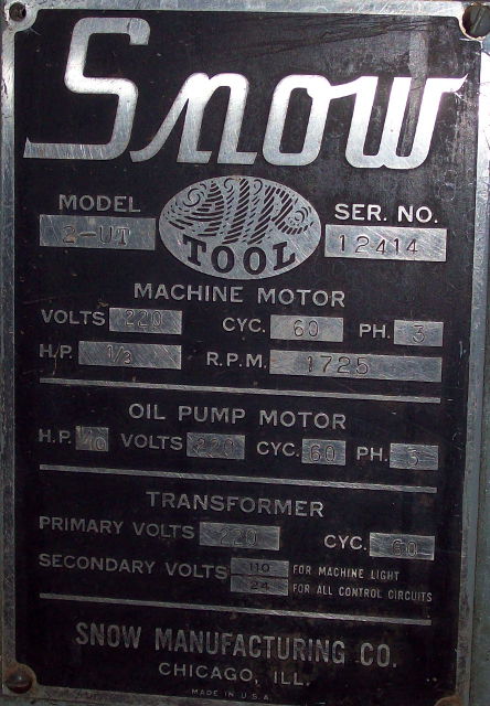 Used Snow Model 2-UT Tapping Machine; Floor Model; S/N 12414