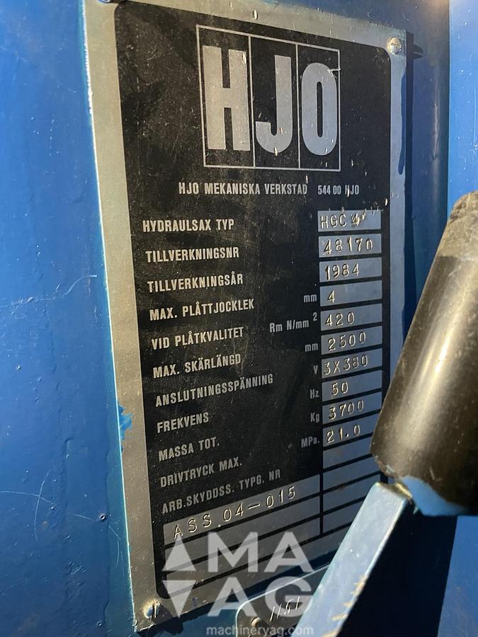 Used HJO 2.5m x 4mm Hydraulic Guillotine