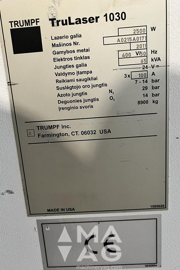 Used TRUMPF TruLaser 1030 cutting laser CO2, 2011