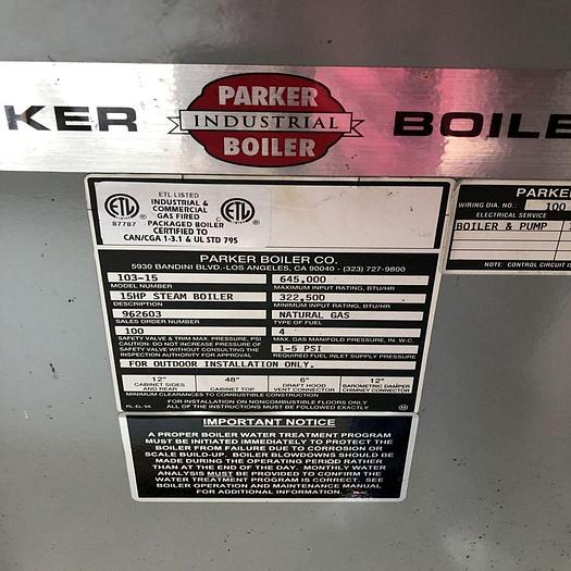 Used Parker 15 Hp Steam Boiler #103-15