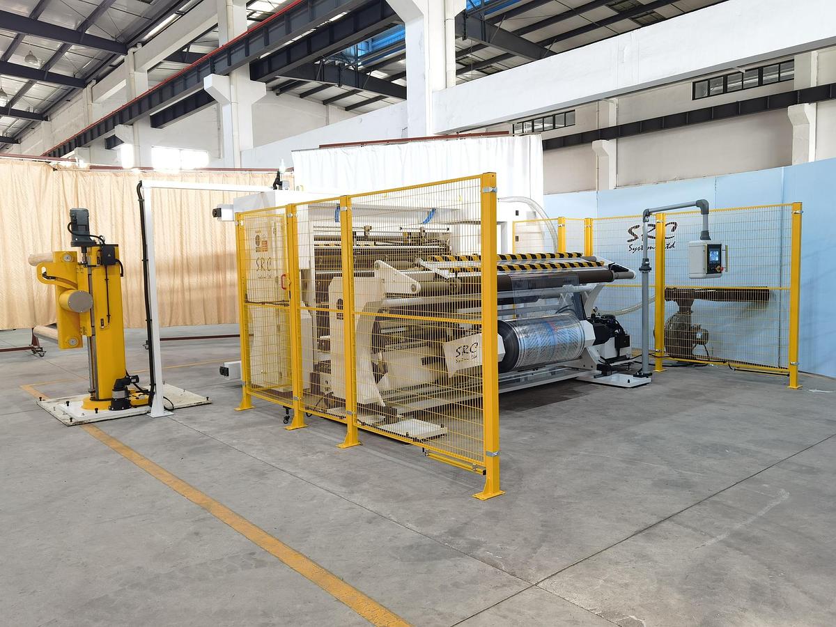 Used 82" WIDE NEW SRC SYSTEMS LTD. MODEL 810-LS DUPLEX SLITTER - 32" REWIND DIAMETER