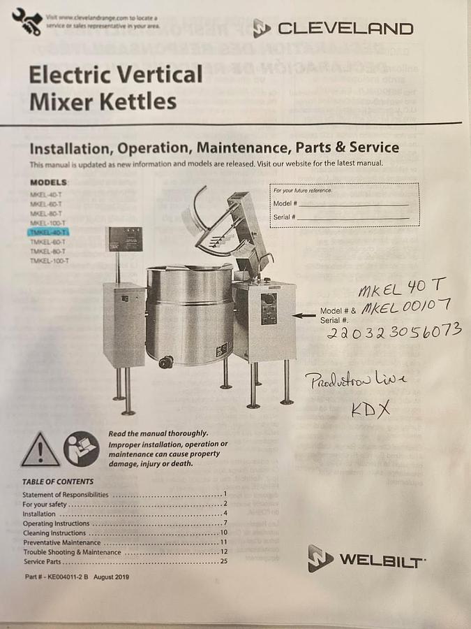 Used CLEVELAND RANGE #MKEL-40-T, TILTING, COOKER MIXER, SCRAPE SURFACE, STEAM KETTLE w/ WATER METER (#1073C).