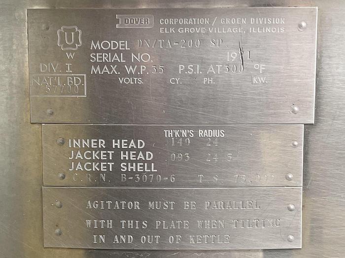 Used GROEN #DN/TA-200, SA 200 GAL. TILTING BOWL & LIFT OUT TWIN AGITATION/SCRAPE DIRECT STEAM KETTLE , (#1045C)