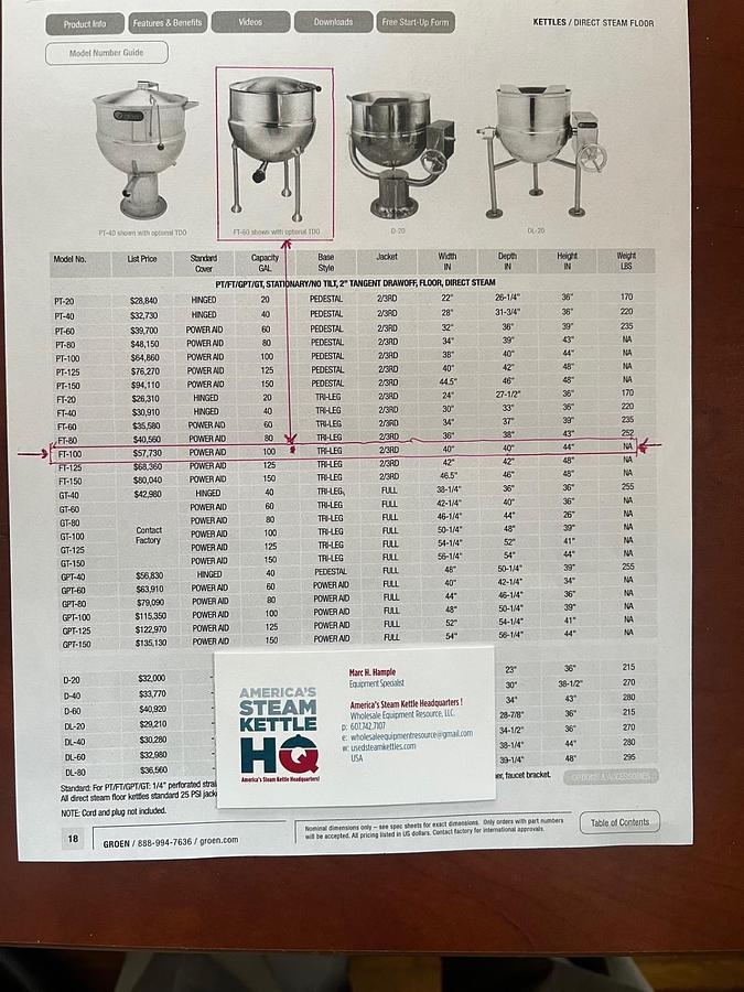 NEW GROEN FT100, 100 GAL. STATIONARY "DIRECT" STEAM KETTLE 3" TDO w/ POWER-AID E-Z LIFT S/S COVER !