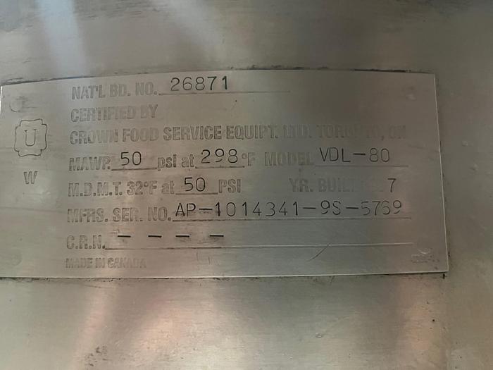 Used CROWN 80 GAL. DIRECT STEAM KETTLE, STATIONARY, #KDL-80, (#903)