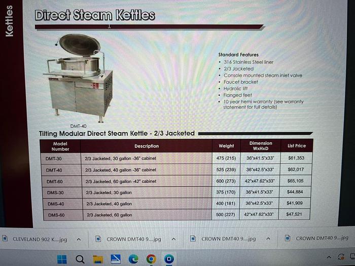 Used CROWN DMT40 DOUBLE DIRECT 40 GAL. AUTO TILTING STEAM KETTLES & STACK STEAMER ON BOILER BASE,(#905C)