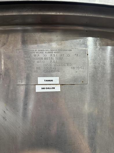 Used GROEN 500 GAL. STAINLESS STEEL TANK WITH AGITATION, (#1047C)