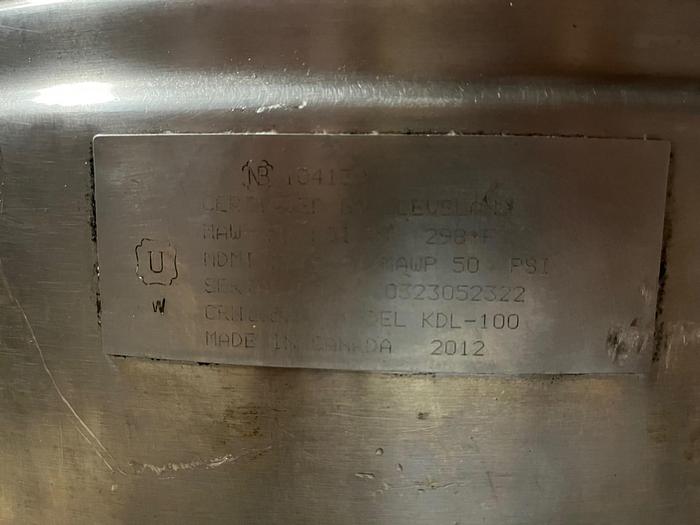 Used CLEVELAND RANGE 100 GAL. DIRECT STEAM KETTLE, #KDL100, STATIONARY w/ COVER (#902.)