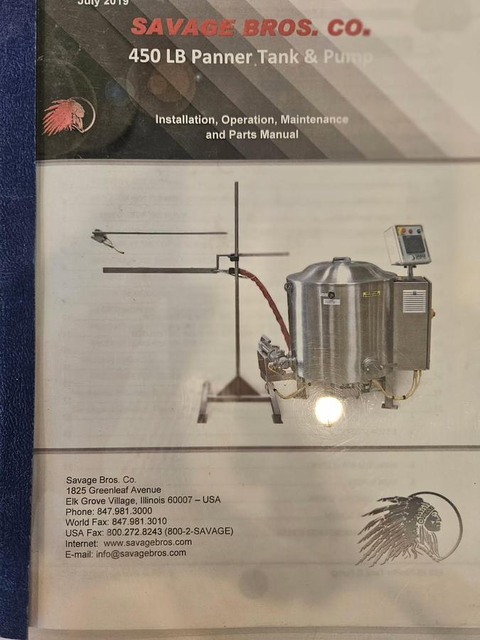 Used SAVAGE BROTHERS 450-LB CHOCOLATE PANNER TANK & PUMP, (#1072C)