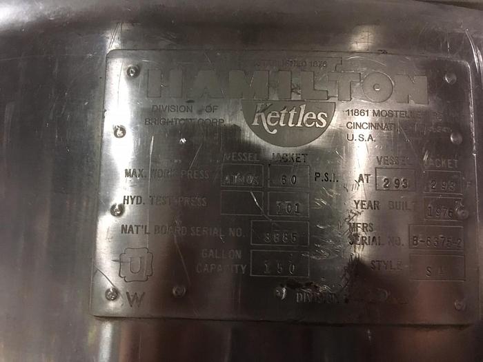 Used HAMILTON 150 GAL. DOUBLE MOTION "SA" SERIES DIRECT STEAM KETTLE, (#881).