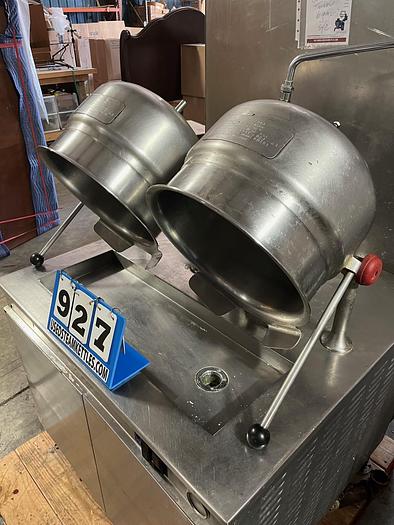 Used CLEVELAND RANGE #36GMK66200 TWIN 6 GAL. STEAM KETTLE(S) ON SELF CONTAINED GAS BOILER BASE (#927)