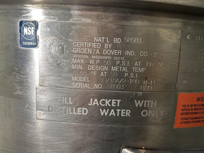 Used GROEN DH/INA/2-140 GAL. TILTING SELF-CONTAINED NAT GAS COOKER/MIXER STEAM KETTLE w/ AGITATION & SCRAPE #1046C