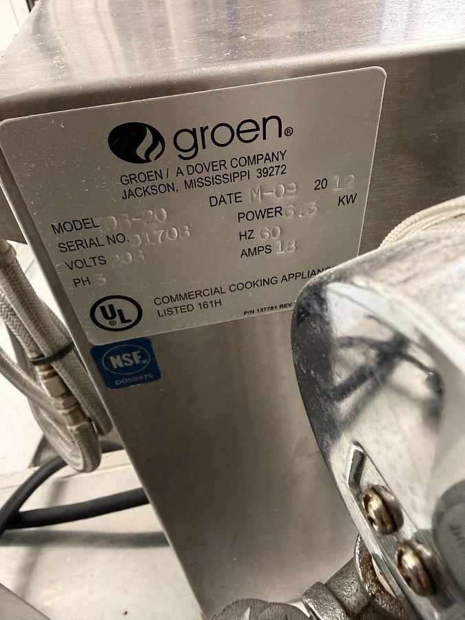 Used GROEN #TDB-20A, TA/2, 20 QT. TWIN AGITATION/SCRAPER TILTING COOKER MIXER ON INTEGRAL S/S STAND, (#1142-C)