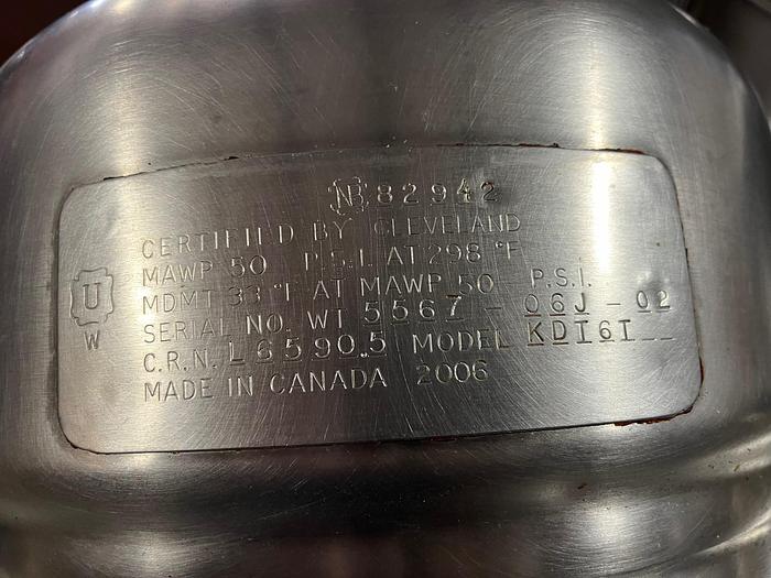 Used CLEVELAND RANGE #36GMK66200 TWIN 6 GAL. STEAM KETTLE(S) ON SELF CONTAINED GAS BOILER BASE (#927)