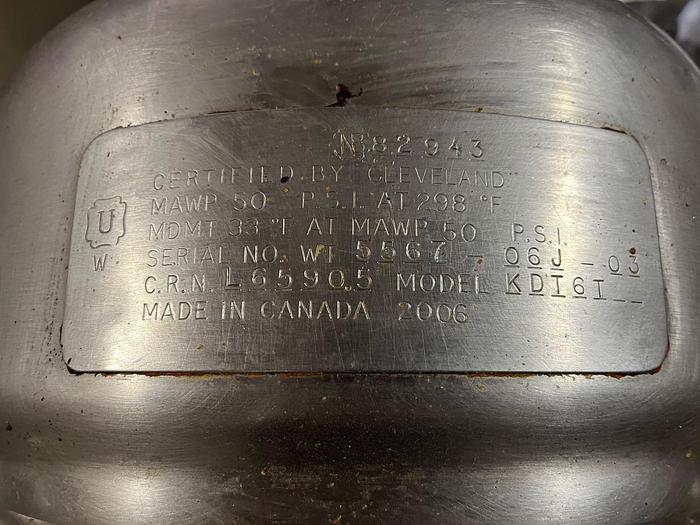 Used CLEVELAND RANGE #36GMK66200 TWIN 6 GAL. STEAM KETTLE(S) ON SELF CONTAINED GAS BOILER BASE (#927)