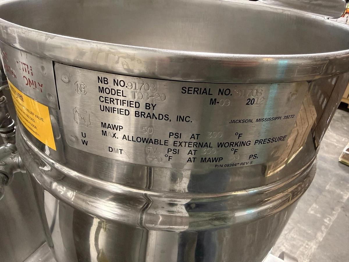 Used GROEN #TDB-20A, TA/2, 20 QT. TWIN AGITATION/SCRAPER TILTING COOKER MIXER ON INTEGRAL S/S STAND, (#1142-C)