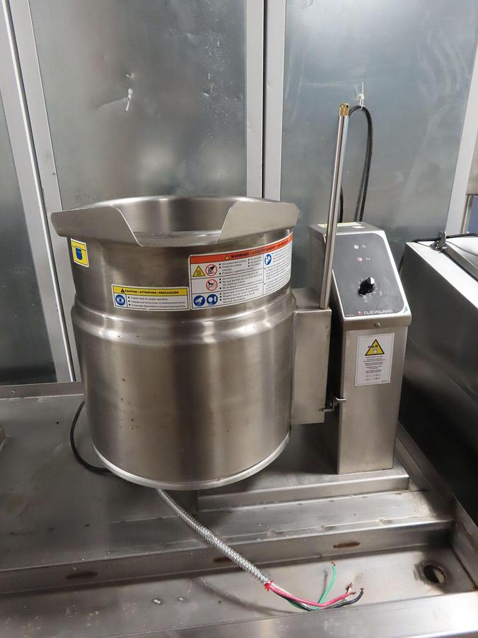 Used CLEVELAND RANGE TWIN #KET-12-T, 12 GAL. & 12 GAL. ELECTRIC TILTING STEAM KETTLE on S/S DRAIN & SUPPORT STAND !