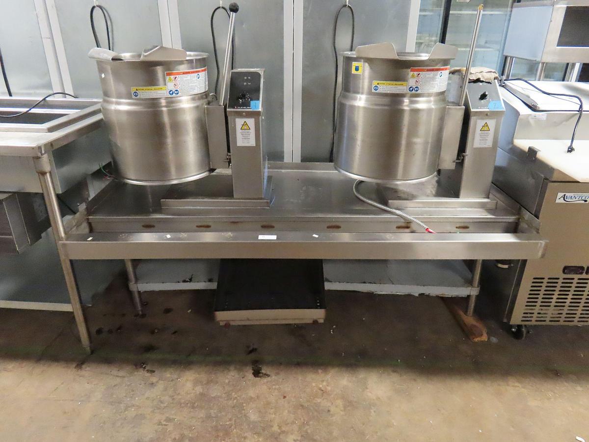 Used CLEVELAND RANGE TWIN #KET-12-T, 12 GAL. & 12 GAL. ELECTRIC TILTING STEAM KETTLE on S/S DRAIN & SUPPORT STAND !