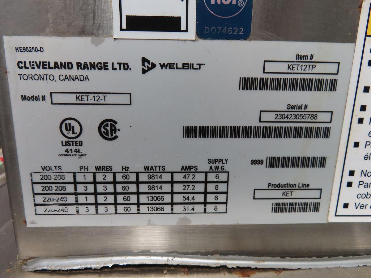 Used CLEVELAND RANGE TWIN #KET-12-T, 12 GAL. & 12 GAL. ELECTRIC TILTING STEAM KETTLE on S/S DRAIN & SUPPORT STAND !