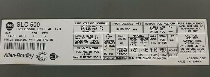 Used Allen Bradley 1747-L40C SER C FRN 6, 1746-A2 SER A