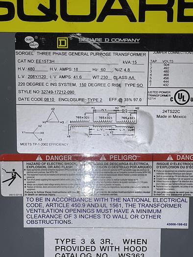 Used Square D EE15T3H KVA15 3 phase