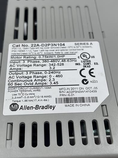 Used Allen-Bradley 22A-D2P3N104 Ser A