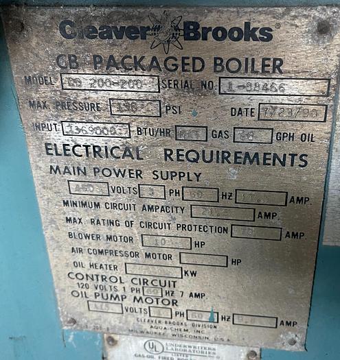 Used 1990 Cleaver Brooks  CB200-200 200 HP Steam boiler 150 PSI