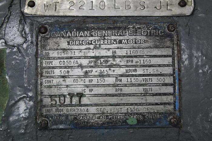 Used Canadian General Electric DC Motor, 150 Hp, 1150 Rpm, 500 Volts #42319