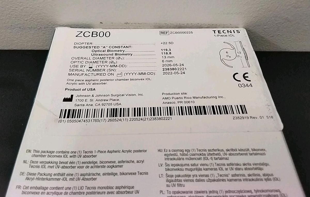 Technis 1 Aspheric IOL ZCB00 22.5D Lens by Johnson and Johnson