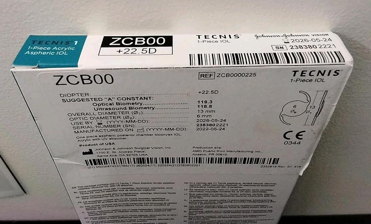 Technis 1 Aspheric IOL ZCB00 22.5D Lens by Johnson and Johnson