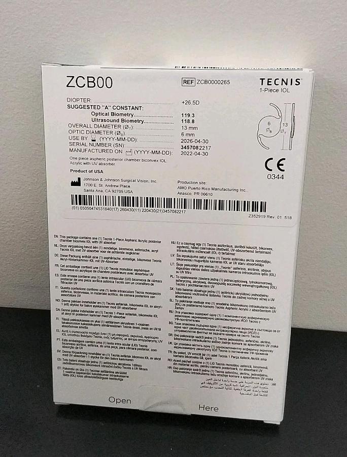 Technis 1 Aspheric IOL ZCB00 26.5D Lens by Johnson and Johnson