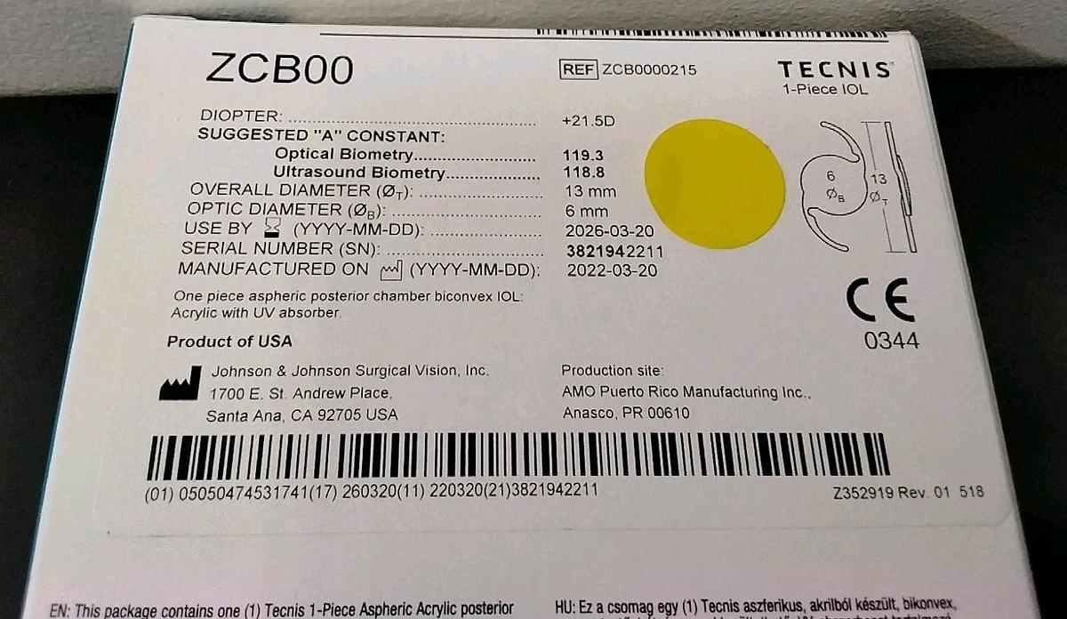 Technis 1 Aspheric IOL ZCB00 21.5D Diopter LENS by JOHSON and JOHNSON