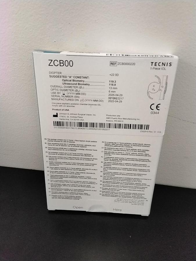 Technis 1 Aspheric IOL ZCB00 22.0D Lens by Johnson and Johnson