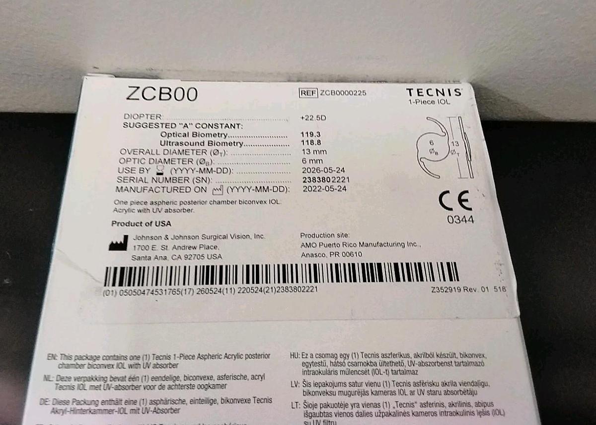 Technis 1 Aspheric IOL ZCB00 22.5D Lens by Johnson and Johnson