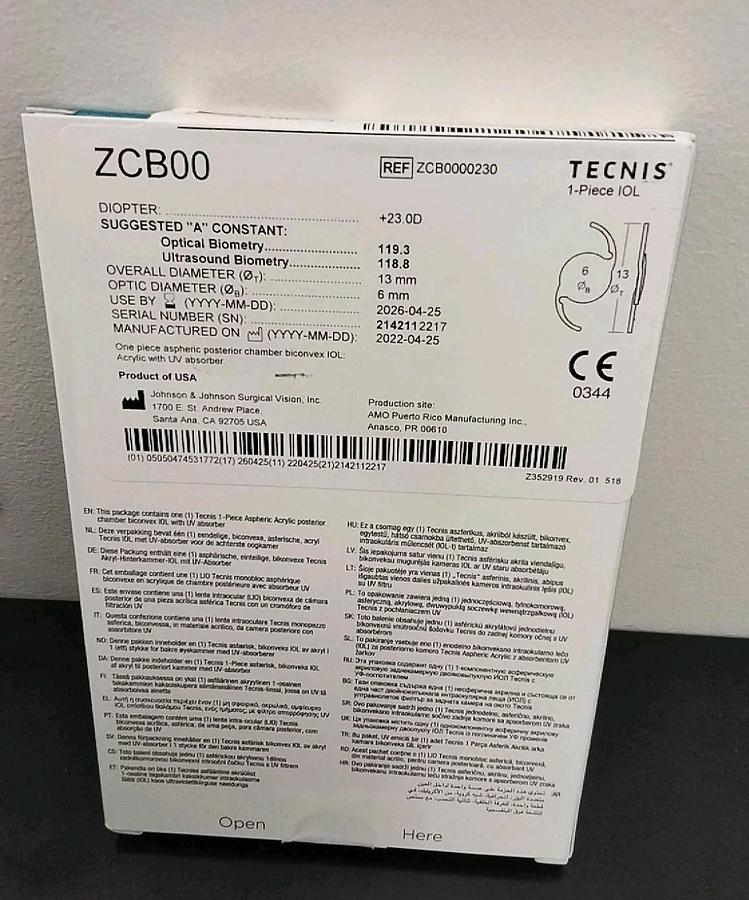 Technis 1 Aspheric IOL ZCB00 23.0D Lens by Johnson and Johnson